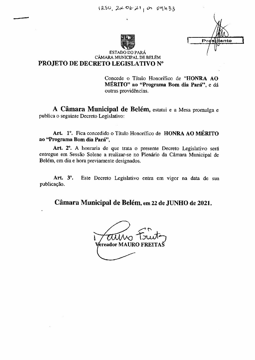 Proc. 1250-2021 Mauro - Câmara Municipal de Belém | Gestão 2021-2022